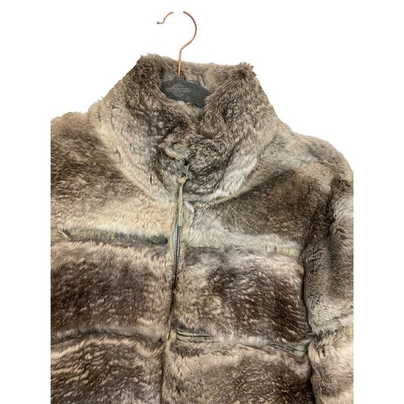 June Grey Reversible Rabbit Fur Jacket Leather Trim/polyester Side Jacket Size L - Picture 3 of 16